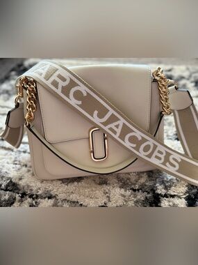 Marc Jacobs Cream Leather Crossbody with Logo Jacquard Strap